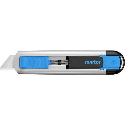 Een zilver-zwart veiligheidsmesmes met blauwe accenten en het opschrift 'Martor'. Het mes heeft een intrekbare lemmet.