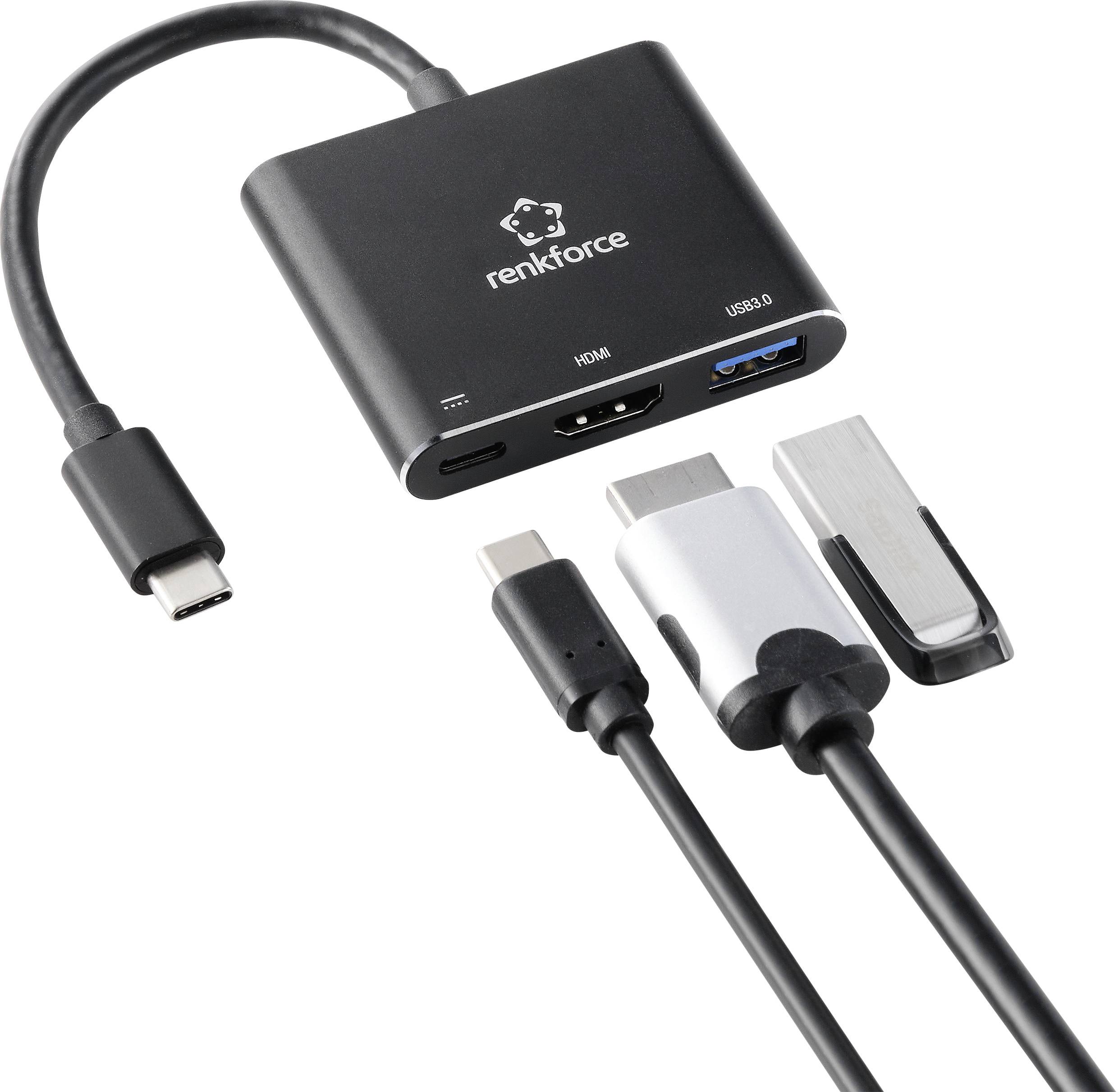 Een 'Renkforce'-USB-C-hub met aansluitingen: HDMI, USB 3.0, USB-C PD en twee kabels, toont veelzijdige verbindingsmogelijkheden.
