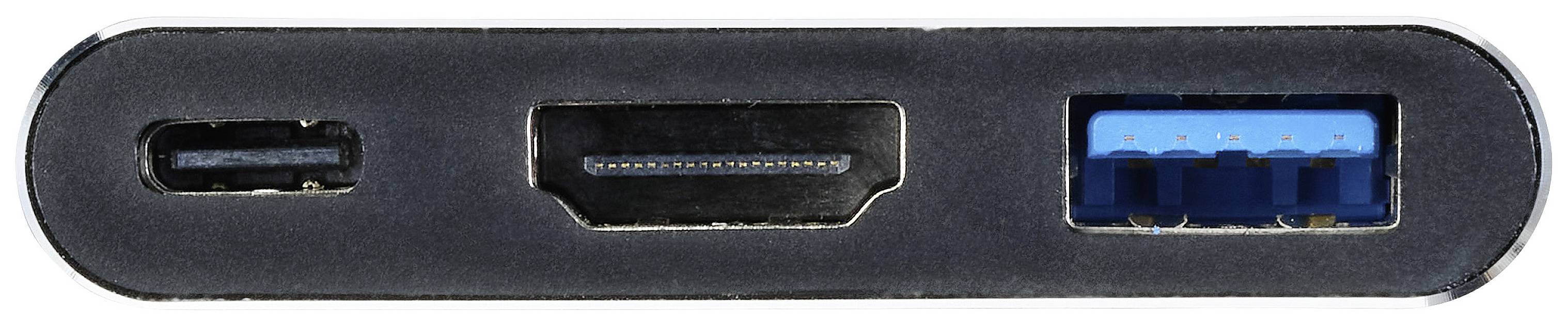 'Drie aansluitingen: Mini-DisplayPort, HDMI en USB 3.0, vooraanzicht. Zwart met blauwe USB-aansluiting.'