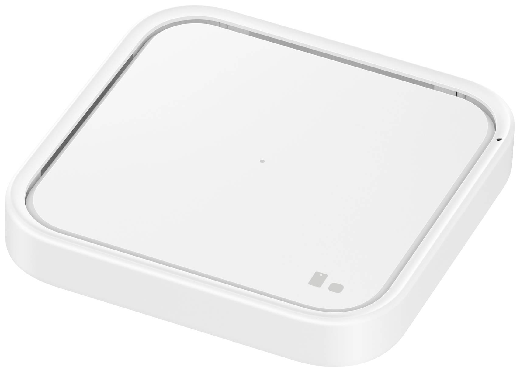 Een wit, vierkant laadpad met afgeronde hoeken. Het heeft een gladde oppervlakte en is geschikt voor draadloos opladen van apparaten.