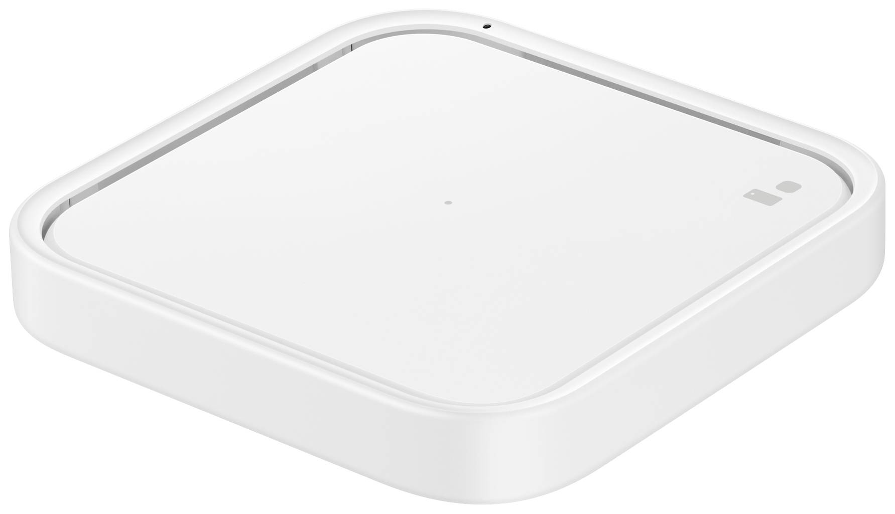 Een vierkant, minimalistisch wit apparaat met afgeronde randen, mogelijk een technisch product of sensor.