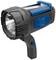 Draagbare zwarte en blauwe zaklamp met grote handgreep. De lamp is krachtig en ideaal voor buitenactiviteiten.