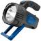 Een zwarte en blauwe zaklamp met een stevig handvat en een ondersteunende standvoet, geschikt voor buitengebruik.