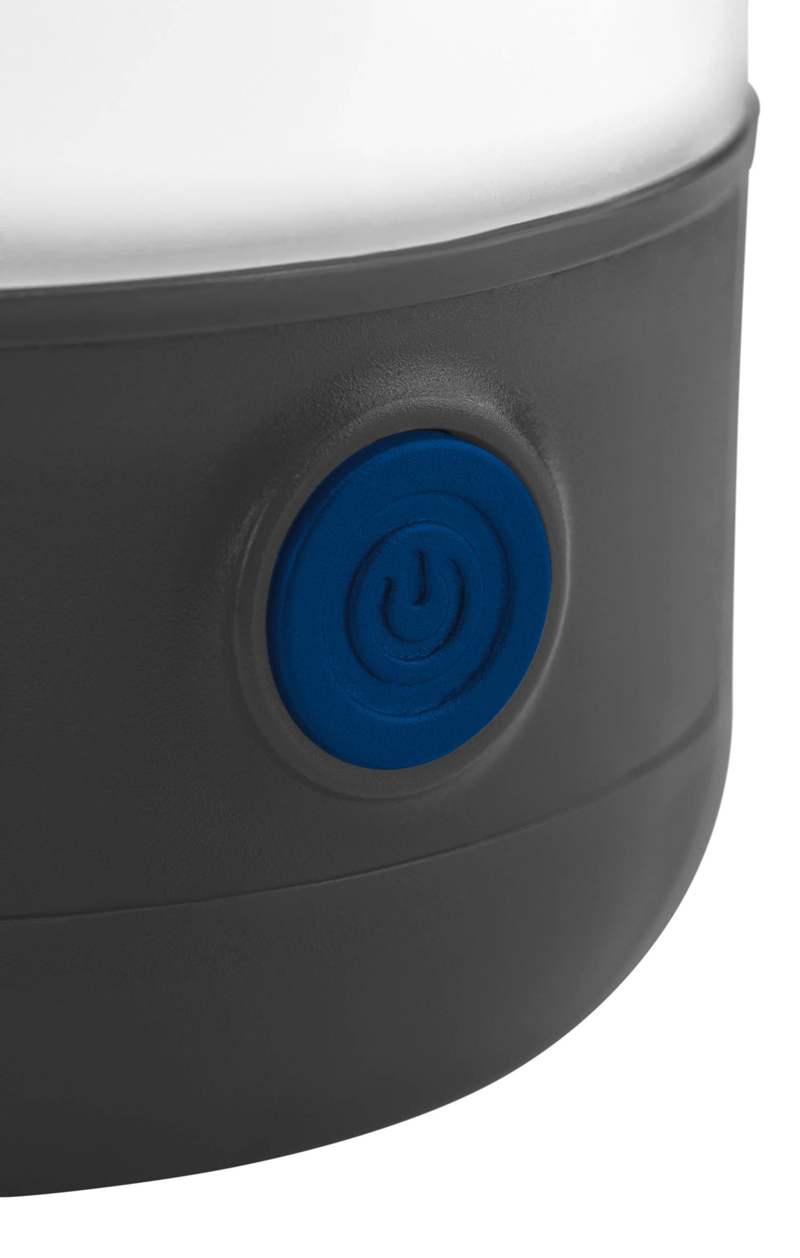 Close-up van een grijze lamp met een blauwe aan-/uitschakelaar.