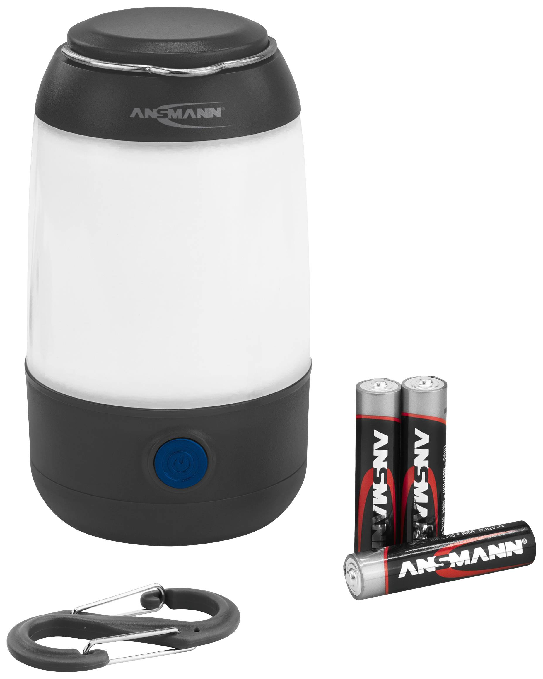 Een draagbare LED-lamp met een blauwe aan/uit-knop, vergezeld van drie AA-batterijen en een karabijnhaak.