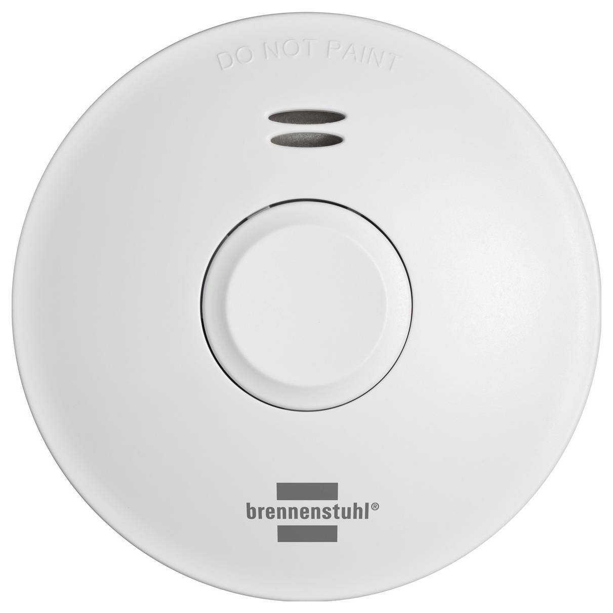Witte ronde rookmelder met centrale testknop, twee indicatorvensters, 'NIET SCHILDEREN' label en Brennenstuhl-logo