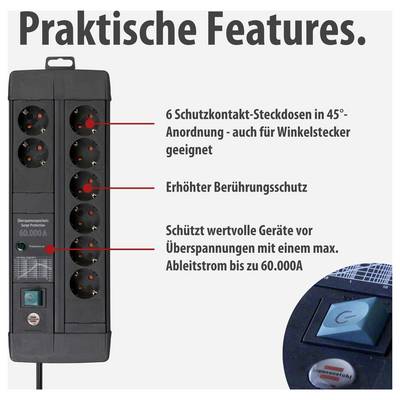 Advertentiegrafiek van een zwart overspanningsbeveiliging stekkerdosenblok met de koptekst 'Praktische functies.' en aanwijzingen op 6 geaarde contactdozen, verhoogde aanraakbeveiliging en tot 60.000A afleiding stroom.