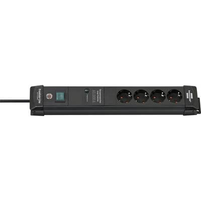 Zwarte APC overspanningsbeveiliging stekkerdoos met teal aan/uit-schakelaar, rode resetknop en vijf contactdozen, weergegeven met een ingestekerde stroomkabel op een witte achtergrond