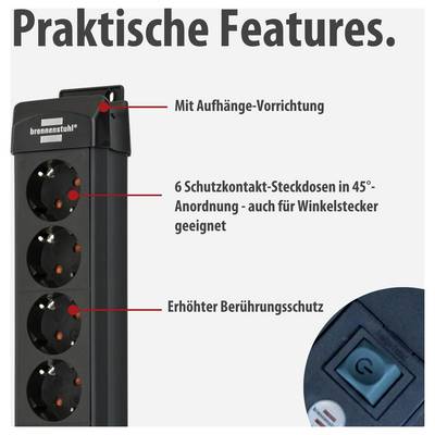Stekkerdosenstrip met 6 veiligheid-contactdozen: ophangvoorziening, 45°-indeling voor hoekstekkers en verhoogde aanraakingsbeveiliging.