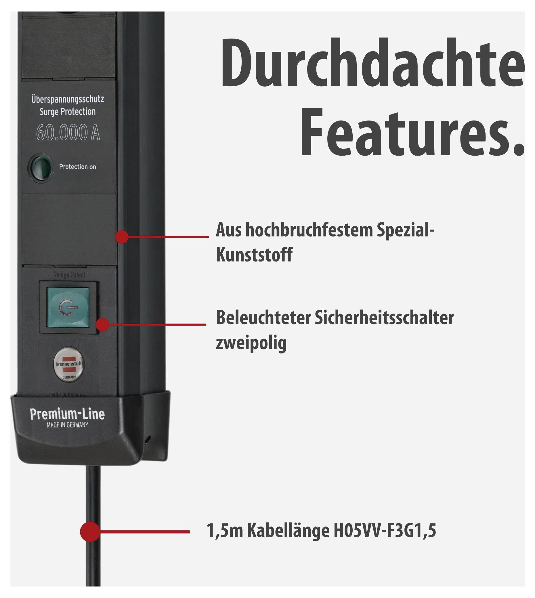 Reclamefoto van een overspanningsbeveiliging stekkerdoos met de volgende kenmerken: robuuste speciale kunststofbehuizing, verlichte veiligheidsschakelaar, 1,5 m kabel.