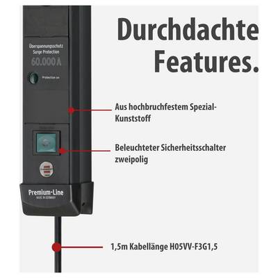 Reclamefoto van een overspanningsbeveiliging stekkerdoos met de volgende kenmerken: robuuste speciale kunststofbehuizing, verlichte veiligheidsschakelaar, 1,5 m kabel.