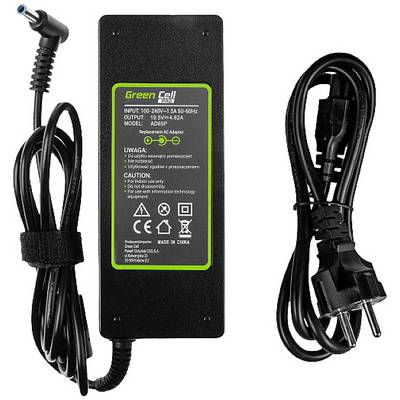 Voedingsadapter met kabel. Etiket toont ingang: 100-240V, uitgang: 19V, 4.74A. Merknaam 'Green Cell', land van herkomst China.