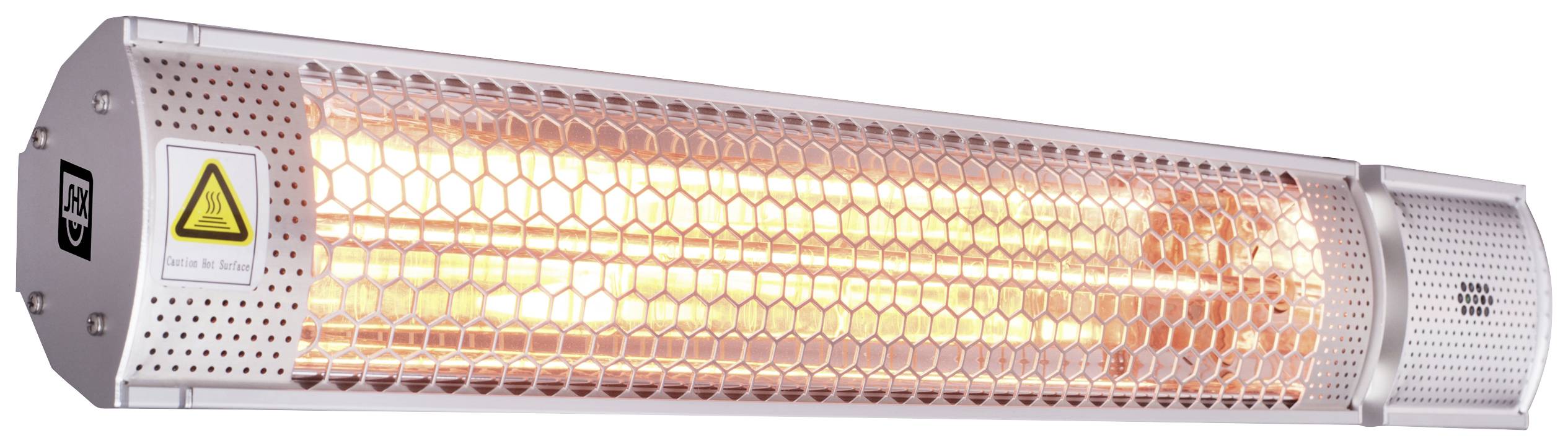 Een lange, zilveren elektrische verwarming met honingraatpatroon straalt een oranje licht uit, symboliseert warmteafgifte.