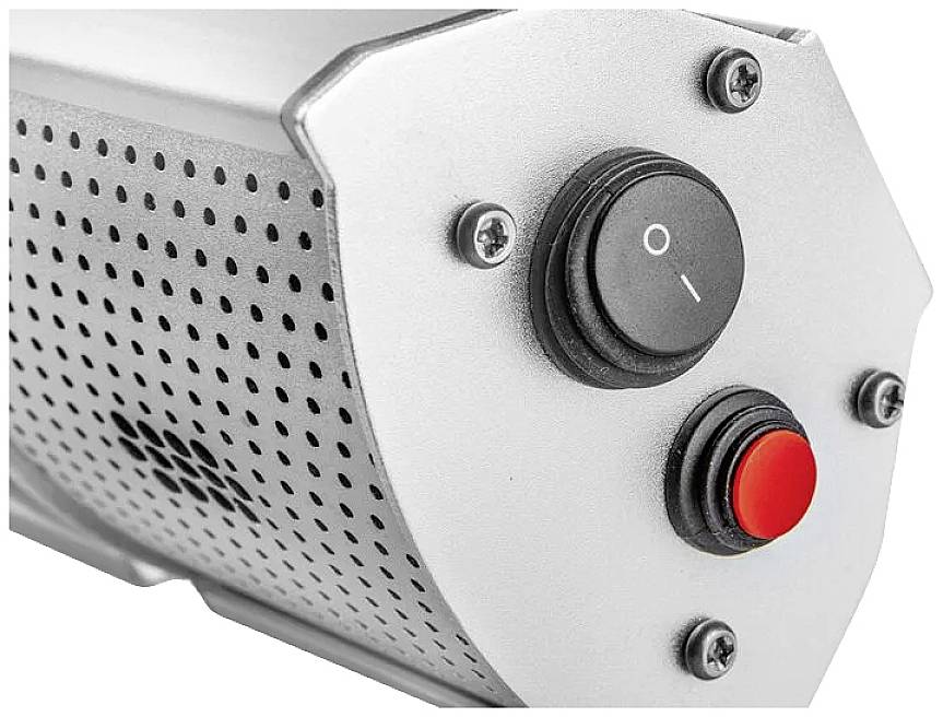 Zilveren elektrisch apparaat met een zwarte aan/uit-schakelaar en een rode knop, gemonteerd op een geperforeerd oppervlak.