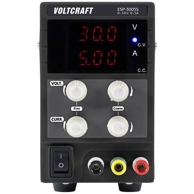 'Voltcraft ESP-3005S', een laboratoriumvoedingsapparaat met digitale weergave voor spanning (0-30V) en stroom (0-5A), twee draaiknoppen voor grove en nauwkeurige instelling, schakelaar en aansluitingen onderaan.