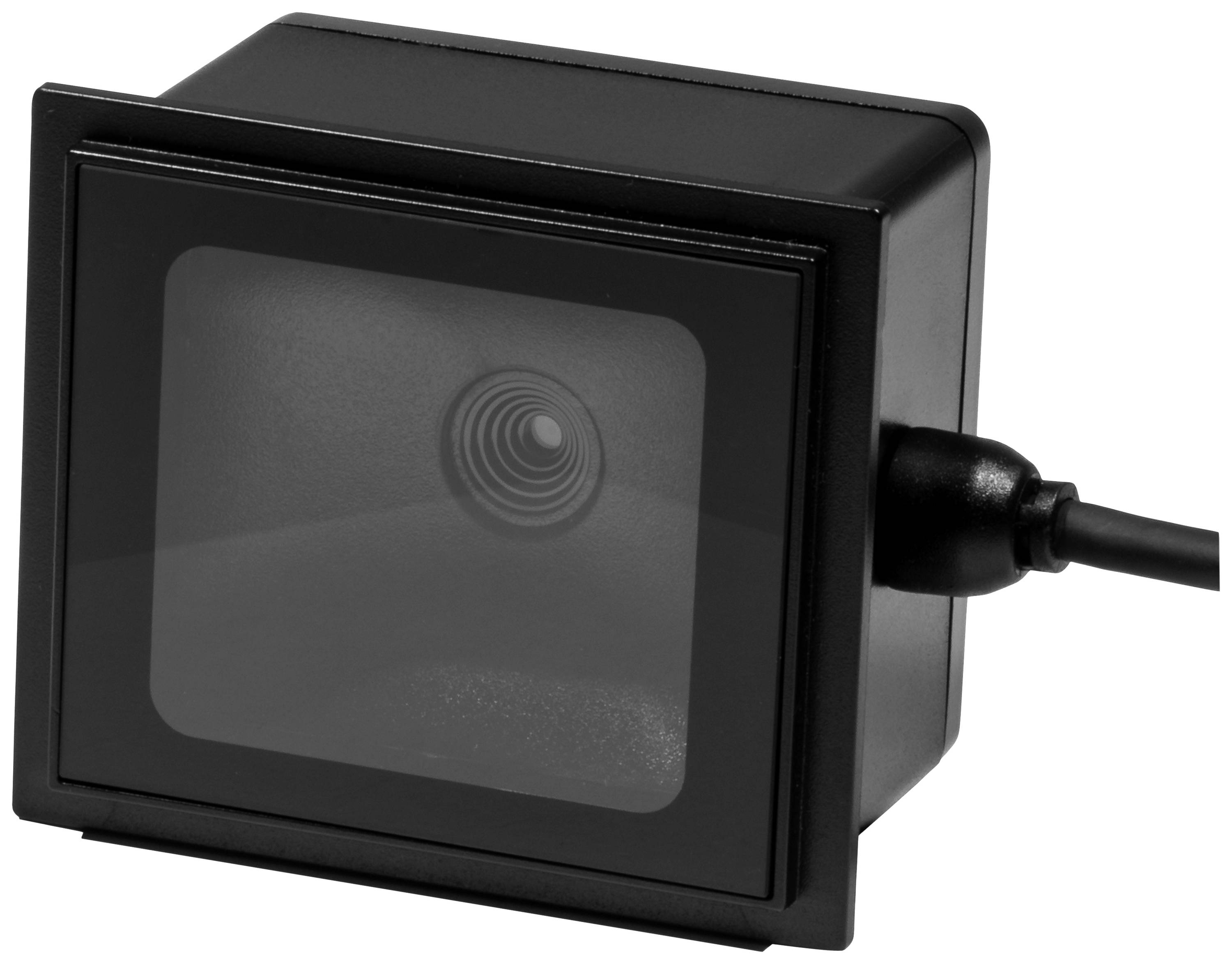 Een zwart, vierkant technisch apparaat met lens en kabel, mogelijk een camera of sensor, tegen een witte achtergrond.