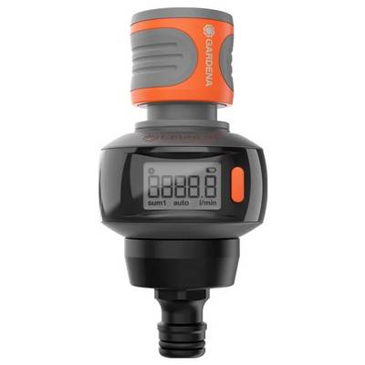 Een digitale waterdoorstroomcounter met een LCD-scherm dat meetgegevens weergeeft. Het apparaat is compact, met een oranje en zwart design van Gardena.