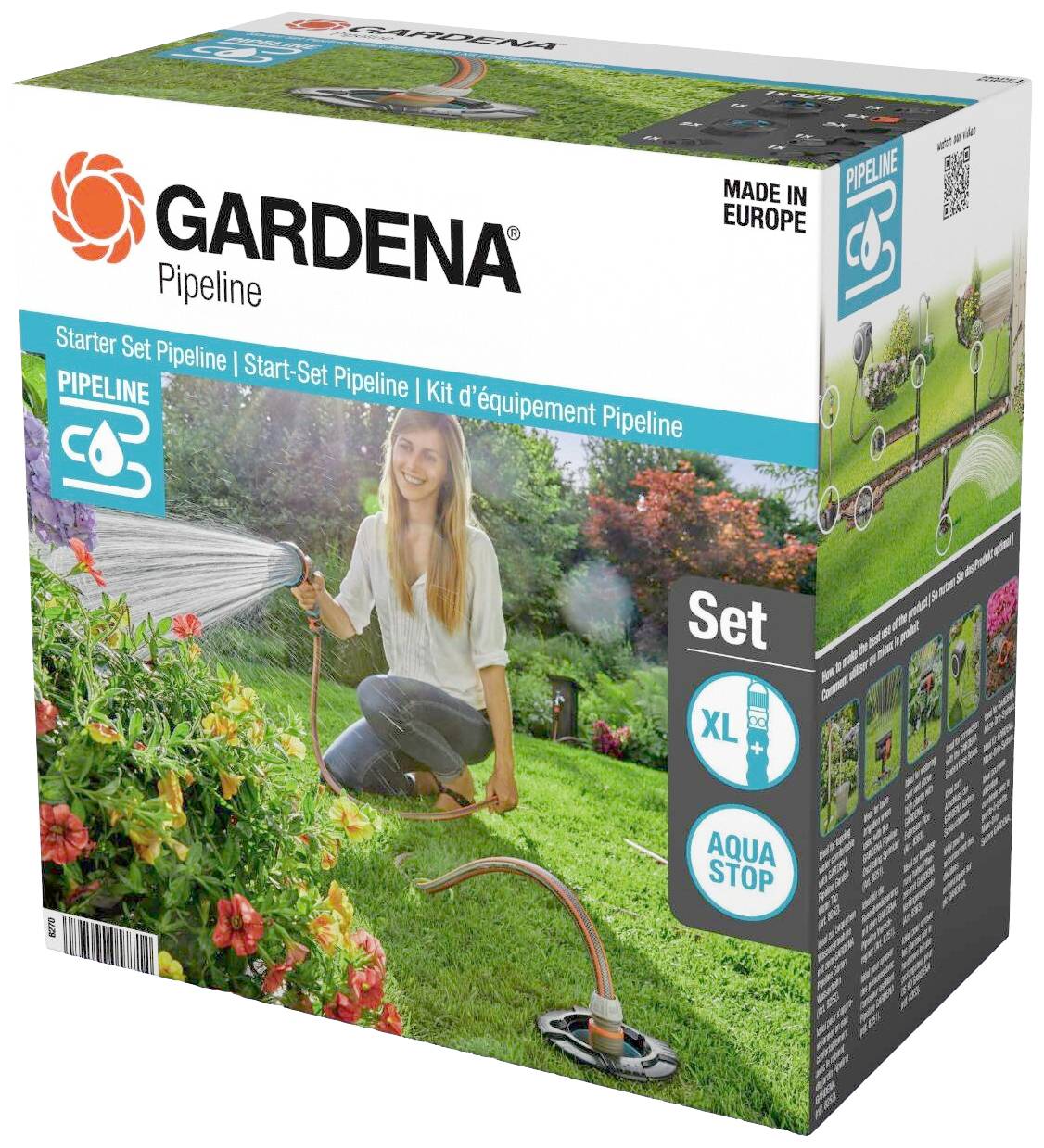 Verpakking van een GARDENA Pipeline-starterset. Een vrouw besproeit de tuin met een slang die is aangesloten op een pijpleiding.