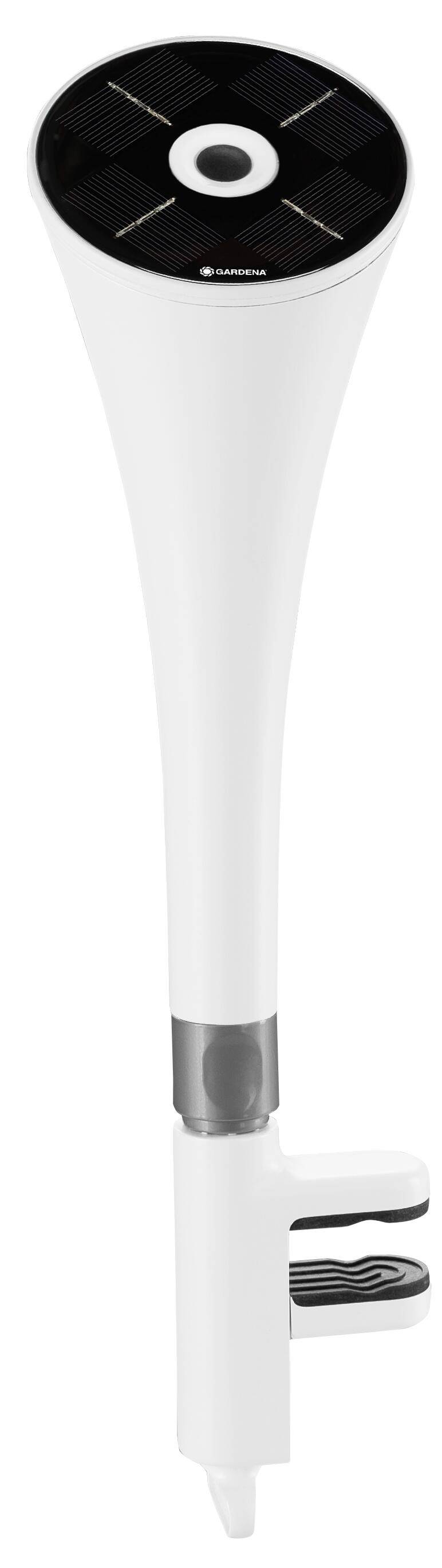 Wit apparaat met een kegelvormig ontwerp, bovenaan voorzien van zwarte details en een rond patroon. Onderaan is een steun bevestigd.