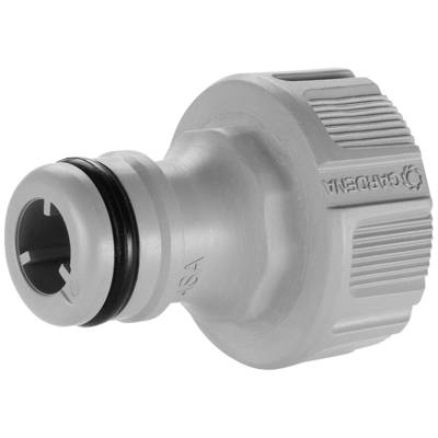 Gardena G1/2"-aansluiting voor waterkranen, grijze, rond gevormde adapter met rubberen afdichting, geprofileerde grijpzone aan de buitenkant.