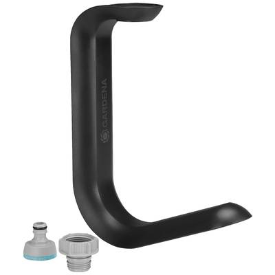 Wandhouder voor tuinslangen in zwart met één slangaansluiting en een adapter.