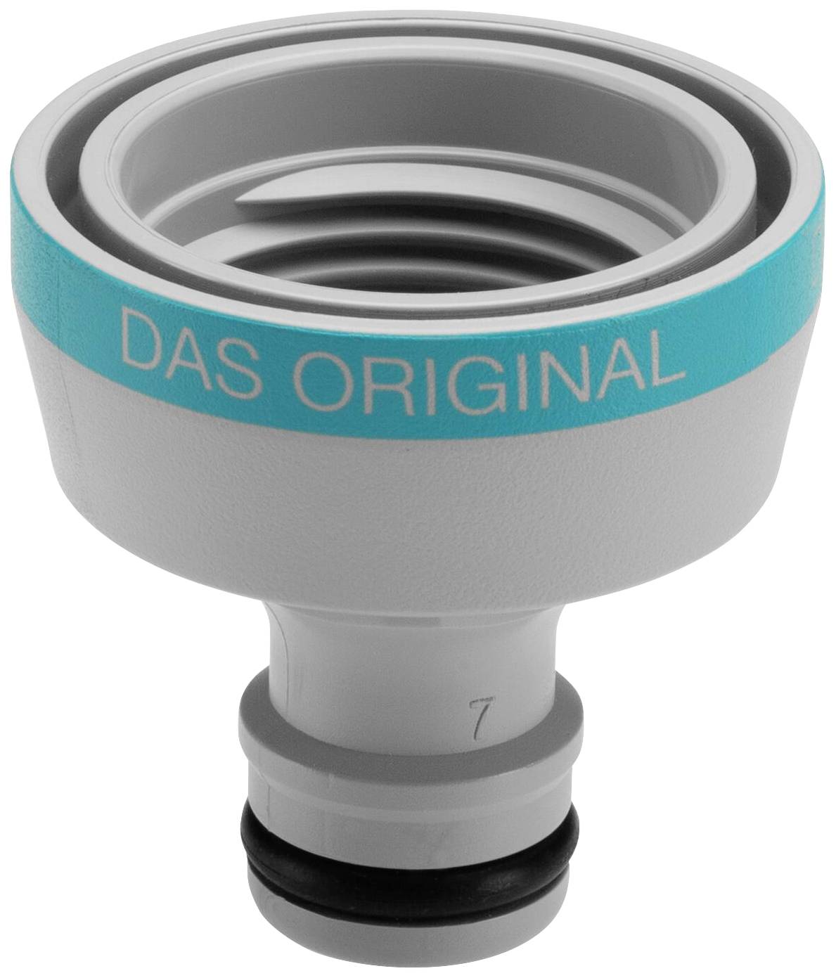 Grijze tuinwatersysteem-stekker met turquoise ring met de tekst 'Het origineel'. Geschikt voor slangaansluitingen.