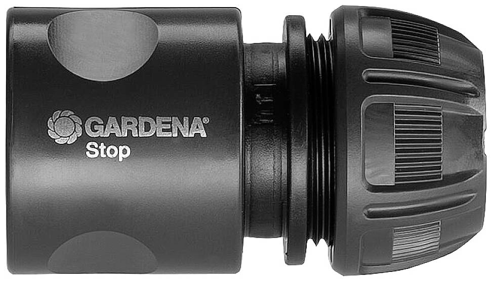 'GARDENA' Waterstop-koppeling, zwart, met stopfunctie voor eenvoudige slangverbinding en watercontrole.