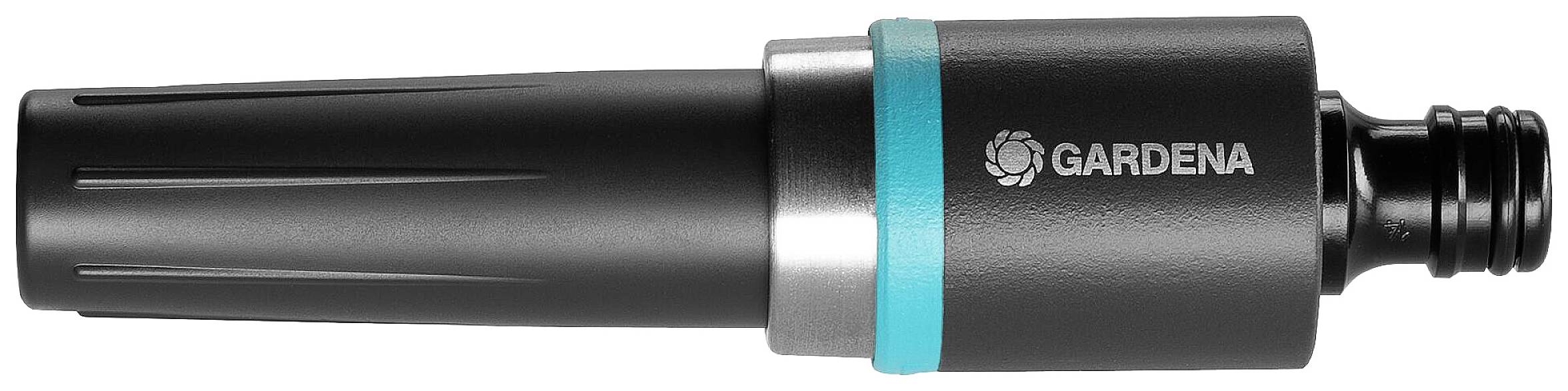 Zwarte en turquoise tuinslang-sproeier met het opschrift 'Gardena'.
