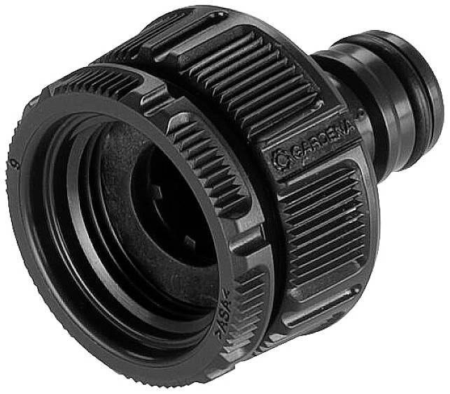 Een zwart tuinslang-adapterstukkenmechanisme met schroefdraad en steekmechanisme, gebruikt voor het verbinden van slangen of toebehoren.