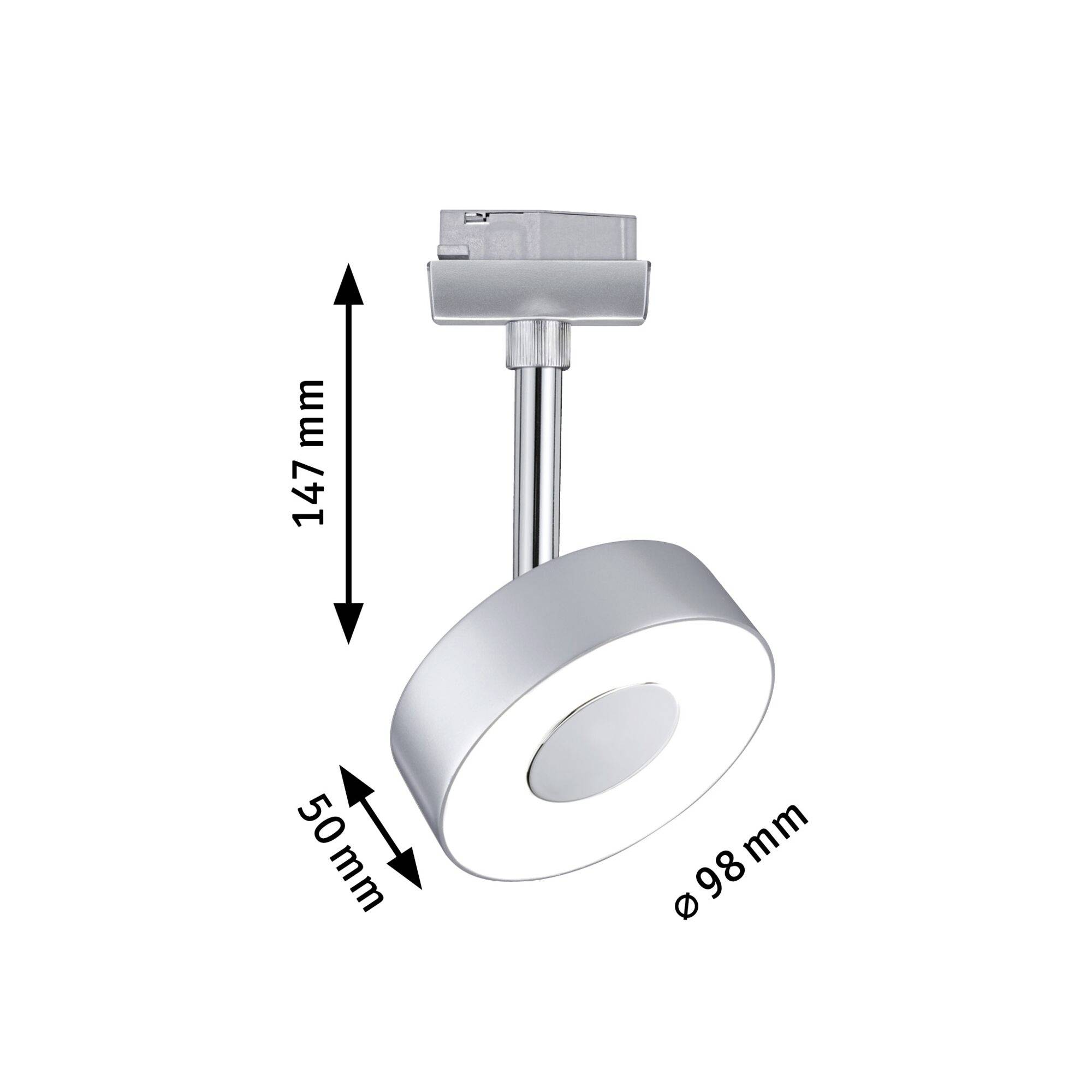 'LED stralerspotlamp' met afmetingen: hoogte 147 mm, diameter 98 mm, basisbreedte 50 mm, getoond aan een metalen staaf.
