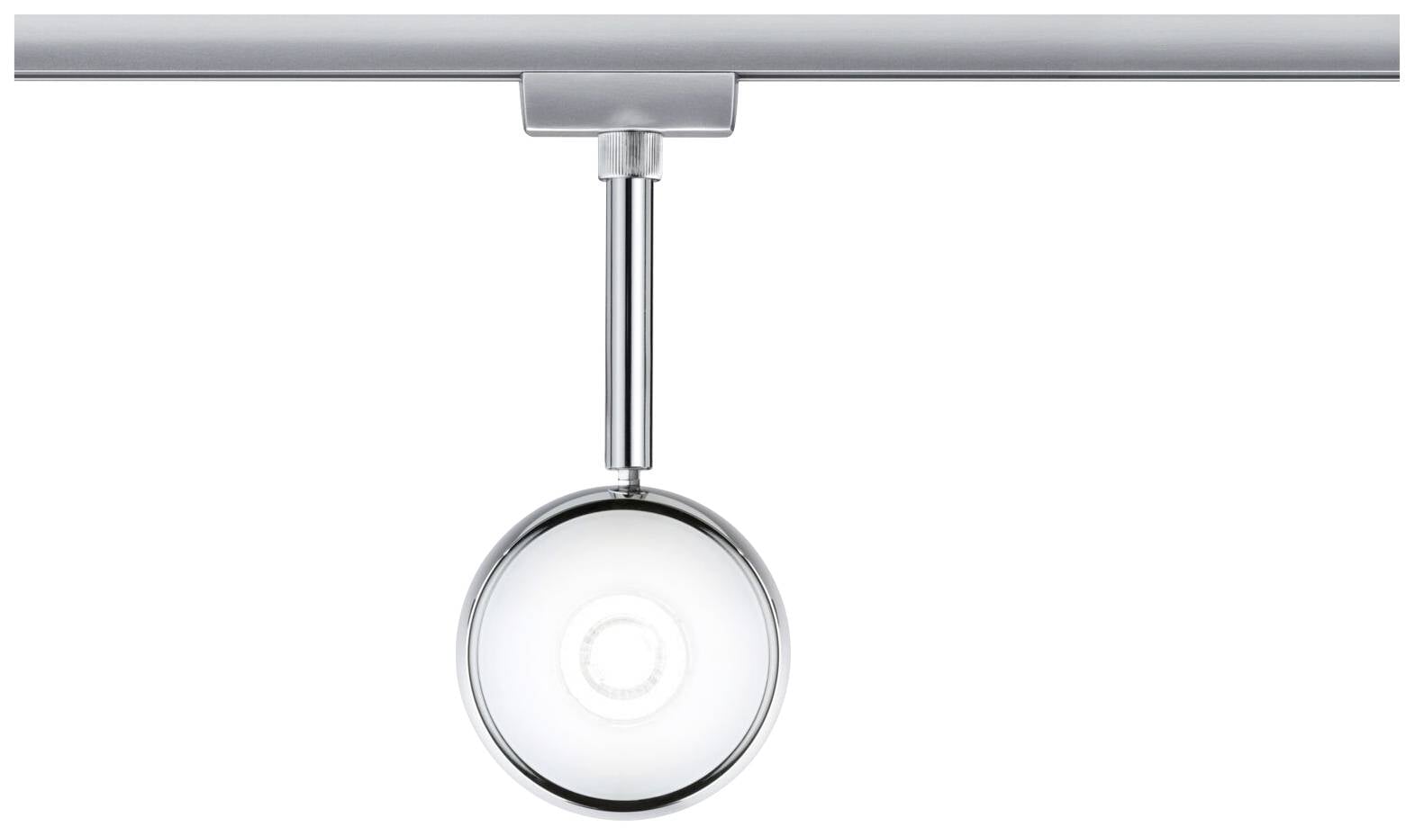 'Een enkele, moderne plafondlamp met een rond, zilverachtig behuizing, bevestigd aan een rechte rail.'