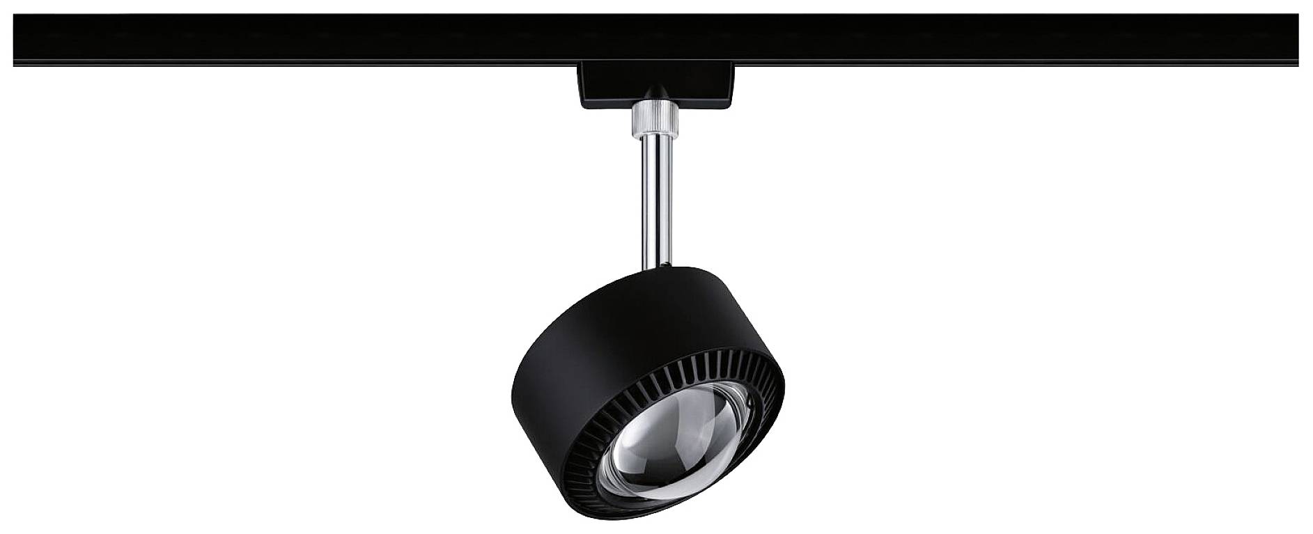 Zwarte LED-spotlamp op een rail, gericht voor gerichte verlichting. Heldere, moderne vormgeving.