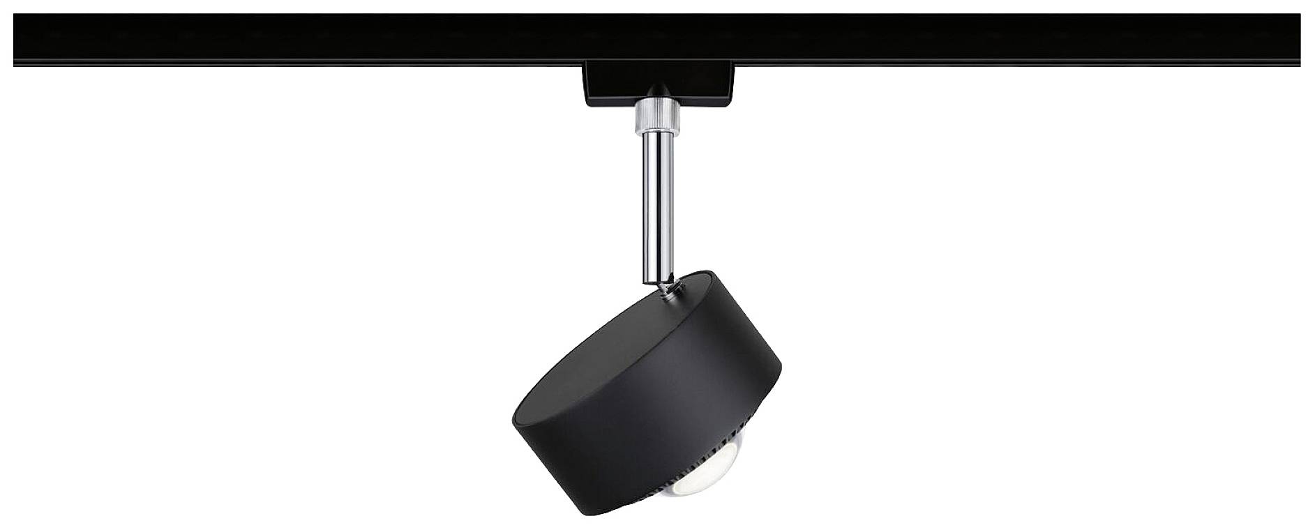 Een zwarte plafondlamp met een draaibare kop hangt aan een rail, geschikt voor gerichte verlichting.