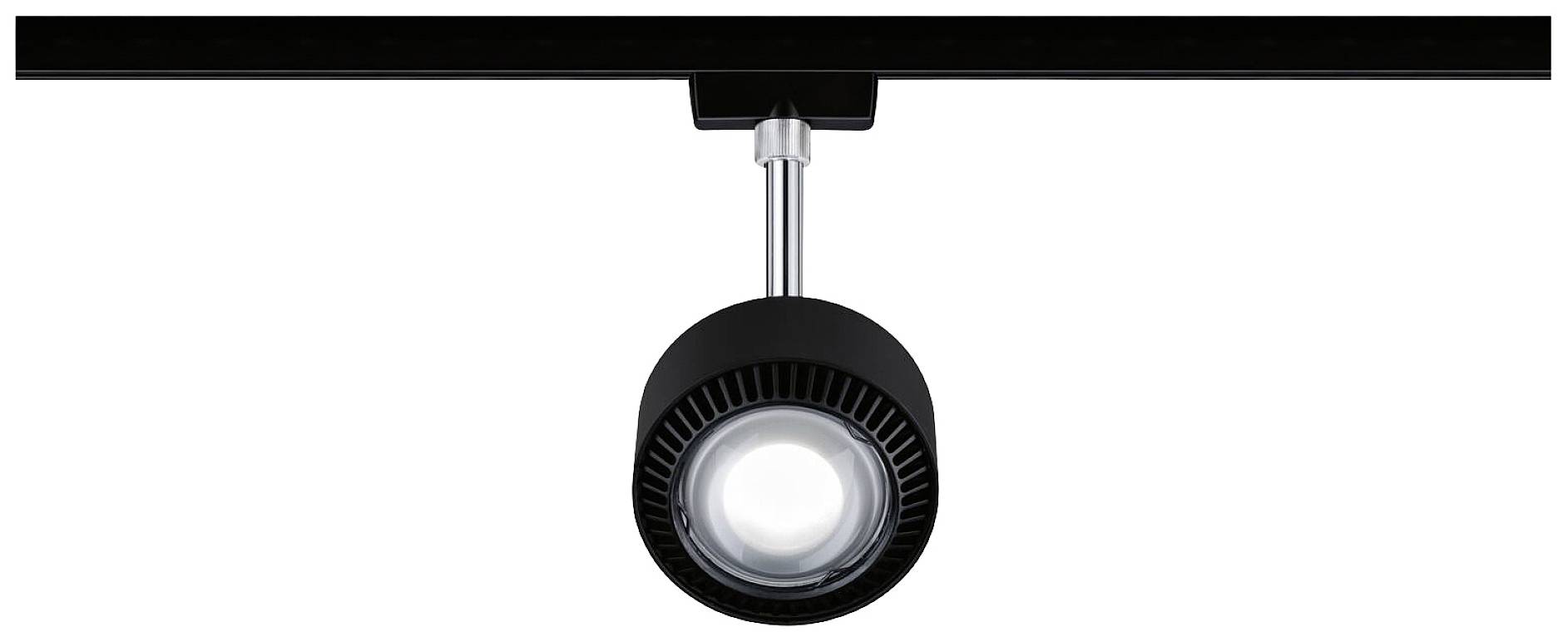 Een zwart railverlichtingssysteem met een ronde, draaibare LED-spot. Geschikt voor gerichte verlichting.