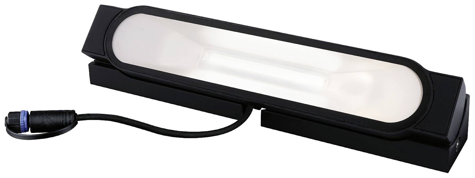 Een rechthoekige LED-verlichting met zwarte behuizing en kabelaansluiting, geschikt voor industriële toepassingen of verlichtingsdoeleinden.