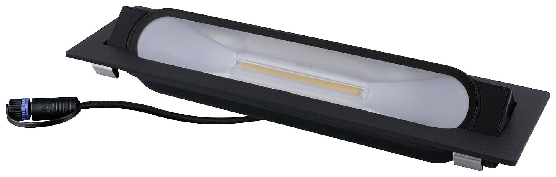 Een rechthoekige LED-inbouwspot met zwarte rand en aangesloten kabel.