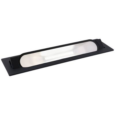 Een rechthoekige, zwarte LED-wandlamp met een wit, lichtdoorlatend gedeelte in het midden. Hij is ontworpen in een eenvoudige, moderne stijl.