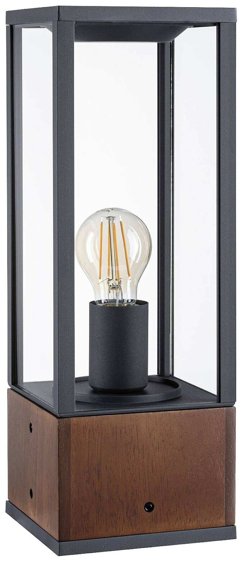 Een moderne tafellamp met een heldere glazen behuizing, zwart metalen frame en een houten voet. Binnenin is een zichtbare gloeilamp geplaatst.