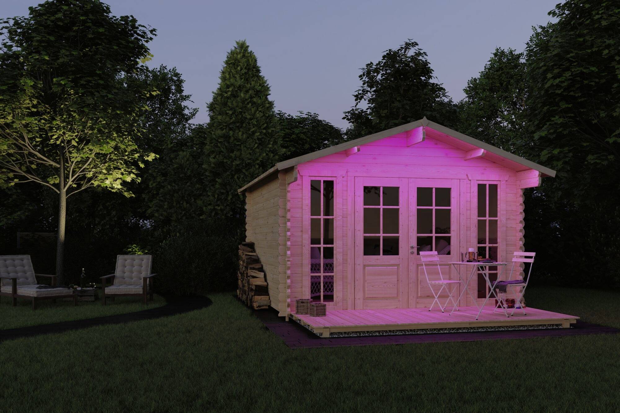 Avondscène met een verlicht tuinhuis in roze, omgeven door bomen. Op de voorgrond staan tuinmeubels onder een boom.