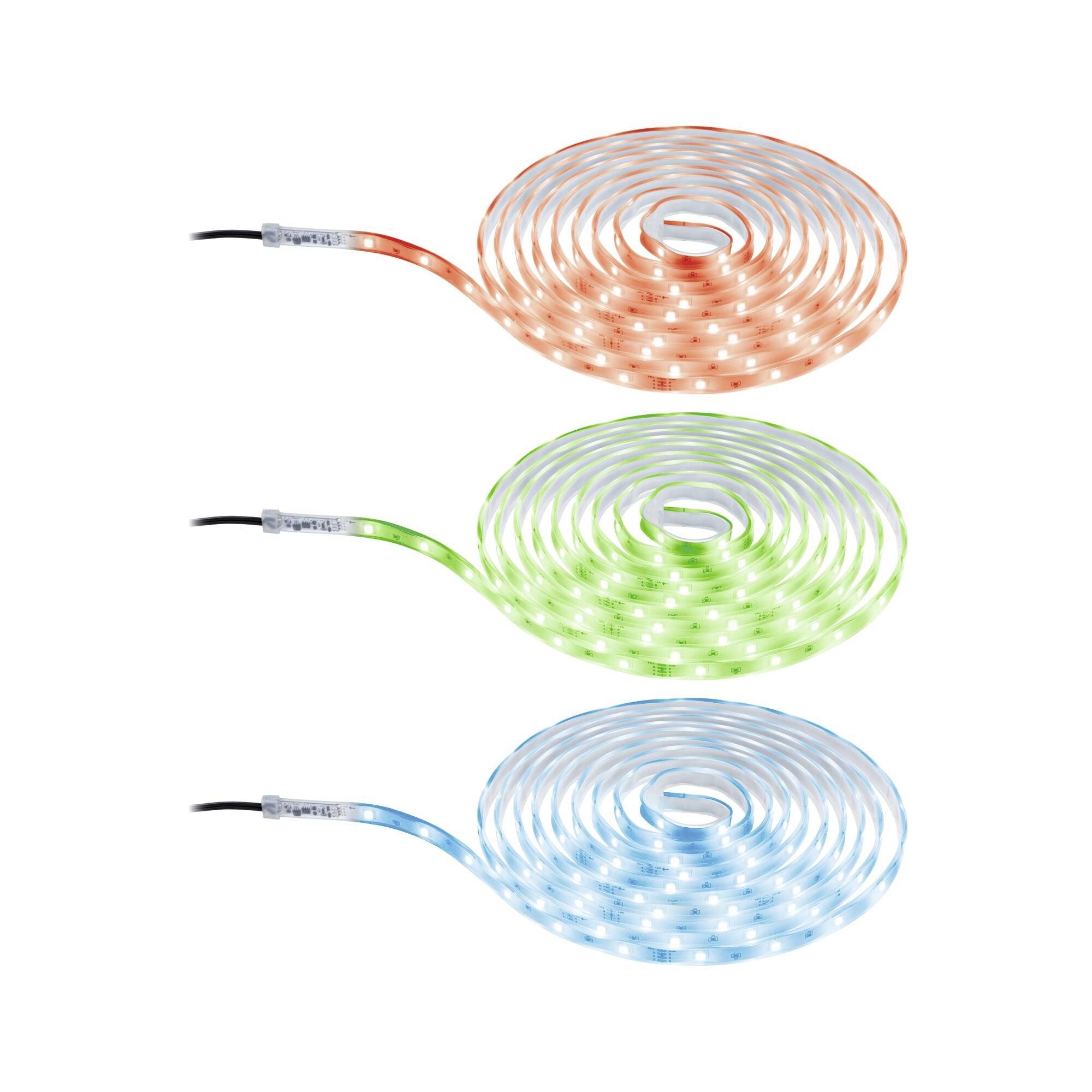Drie opgerolde LED-lichtstrips in de kleuren rood, groen en blauw. Elke strip heeft een zwart aansluitkabel.
