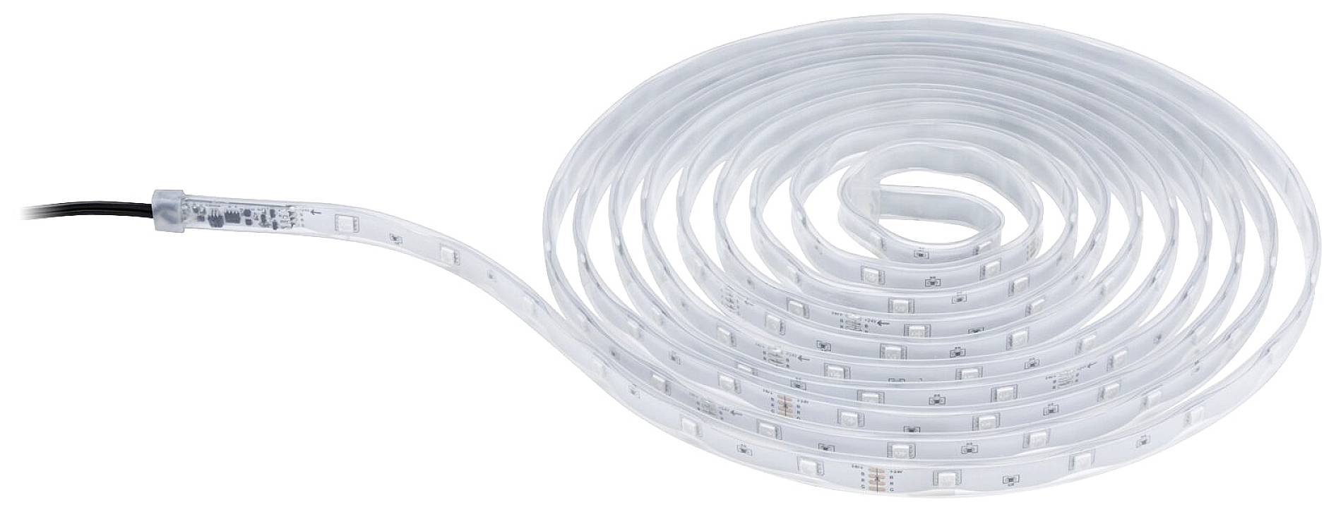 Een opgerolde LED-lichtstrip met een heldere beschermmantel, geschikt voor decoratieve en functionele verlichting.