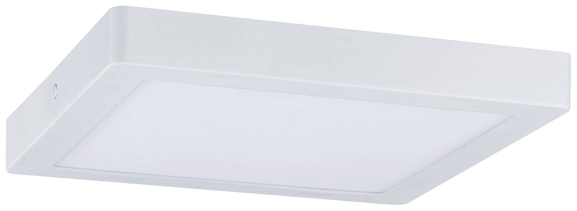 Een witte vierkante plafondlamp met een platte constructie. Hij heeft een eenvoudig design en is geschikt voor moderne interieurs.