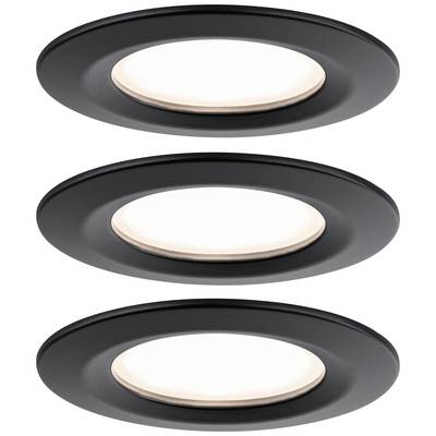 Drie zwarte LED-inbouwspots in ronde vorm, die verlicht worden door een witte diffuser, gerangschikt op een witte achtergrond.
