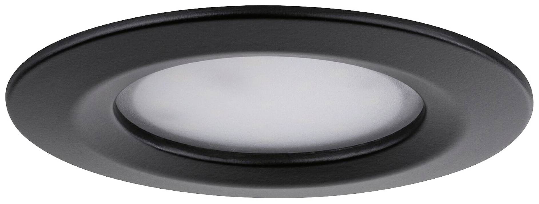 Plafondlamp in het zwart met een plat, rond ontwerp en een witte lichtdiffuser. Geschikt voor moderne interieurs.