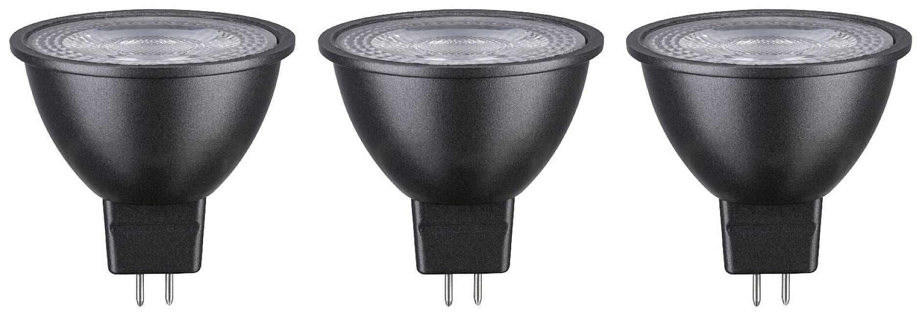 'Drie zwarte LED-spotlampen op een rij, geschikt voor GU10 fittingen, weergegeven tegen een witte achtergrond.'