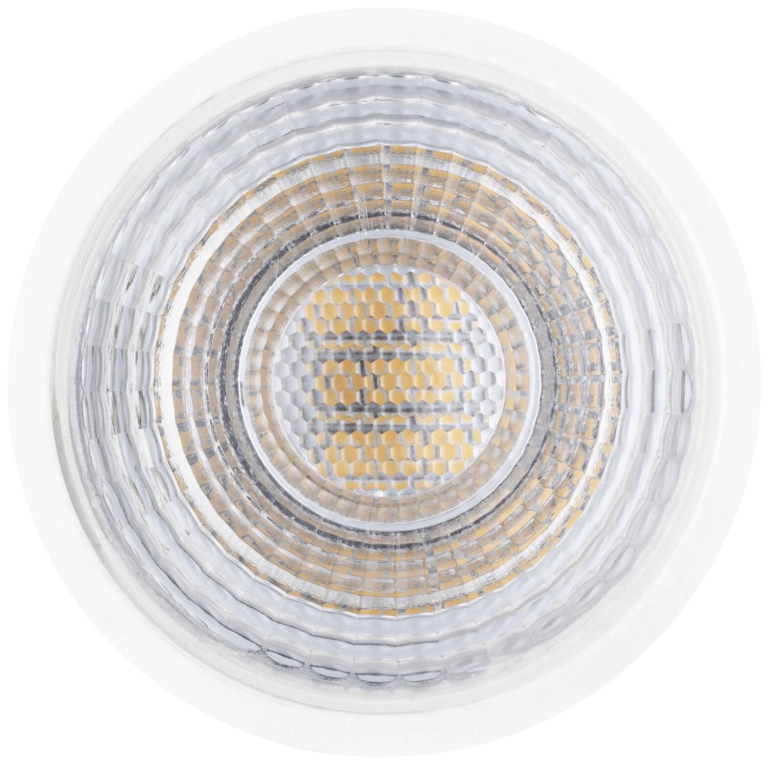 LED-lamp van bovenaf gezien, toont concentrische cirkelstructuren en een centrale geelachtige lichtbron.