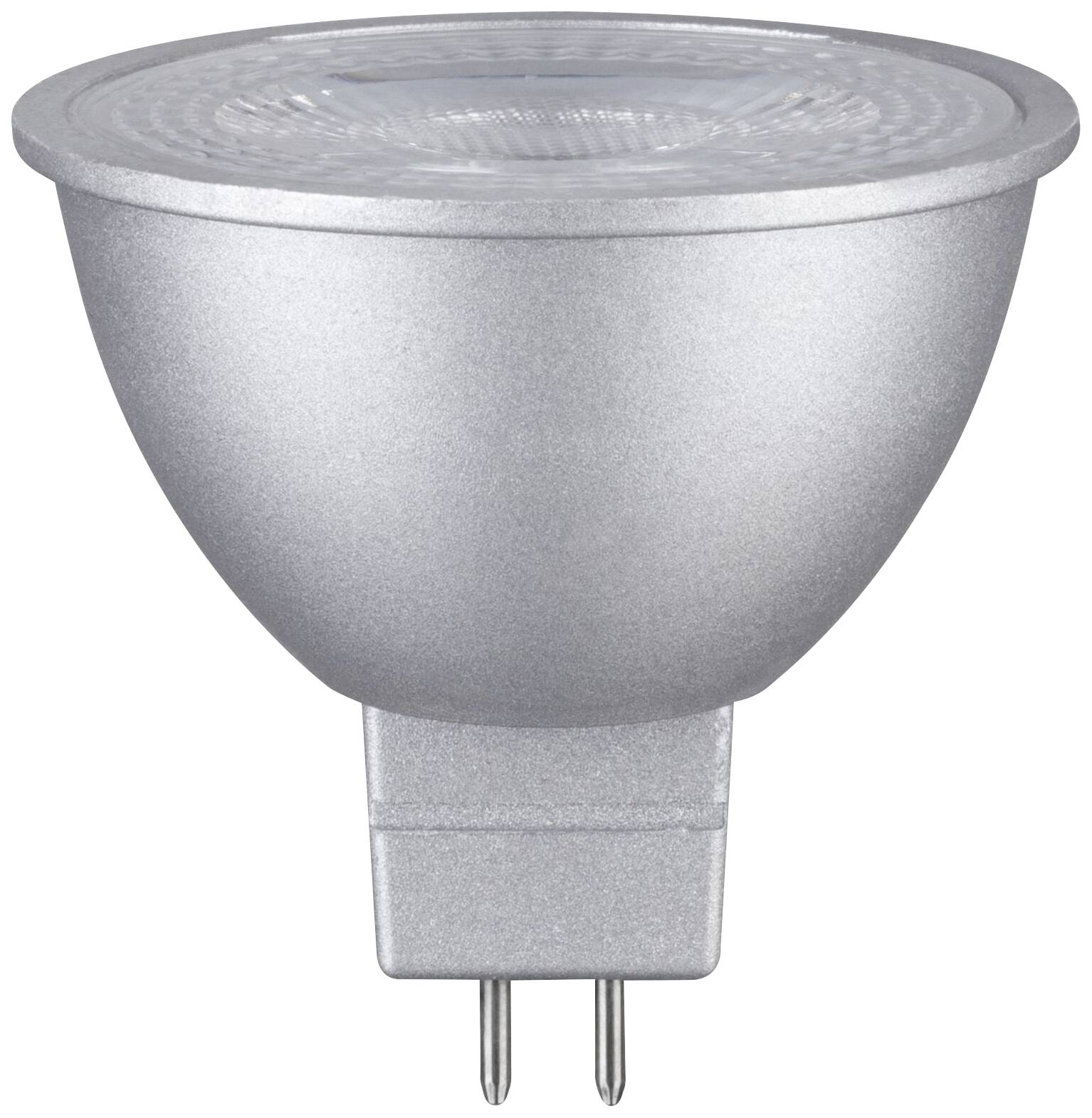 Zilveren LED-lamp in de vorm van een reflector met tweepolige voet. Geschikt voor energiezuinige verlichting.