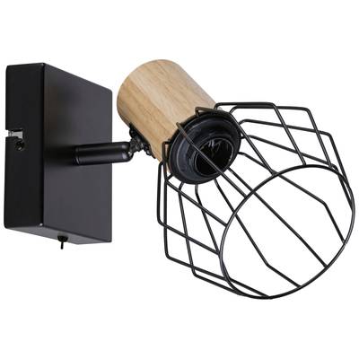 Een moderne wandlamp met een rechthoekige voet, zwart metalen frame en houten element, geschikt voor hedendaagse interieurs.