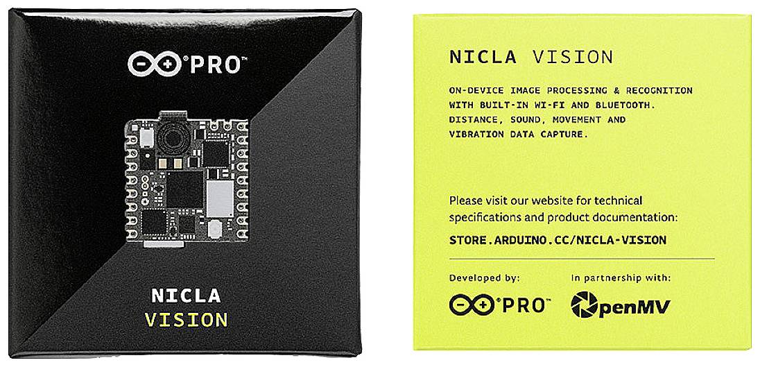 'NICLA VISION' Sensorboard op zwarte verpakking. Informatietabel legt functies uit: beeldverwerking, Wi-Fi, Bluetooth. Website aanbevolen voor specificaties en documentatie.