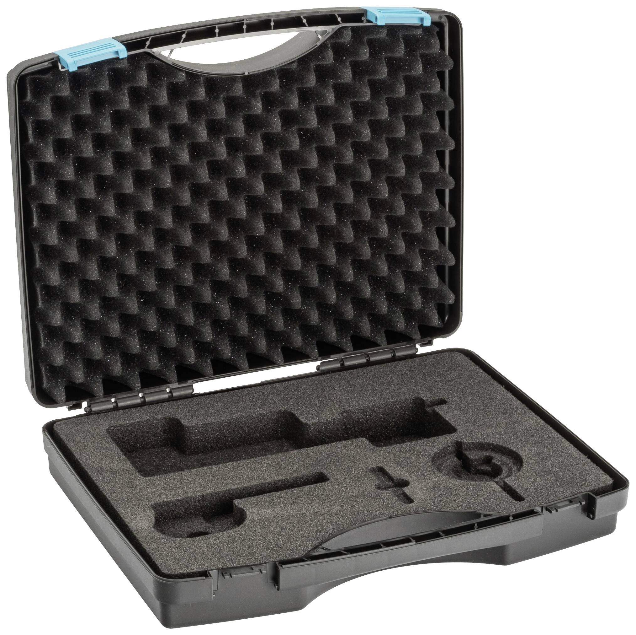 'Een lege zwarte kunststof koffer met schuimstof-inzetstuk, gevormd voor veilige opslag van gereedschappen of apparaten.'